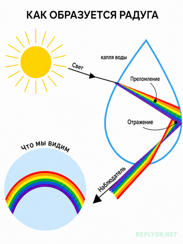 Схема образования радуги в капле воды