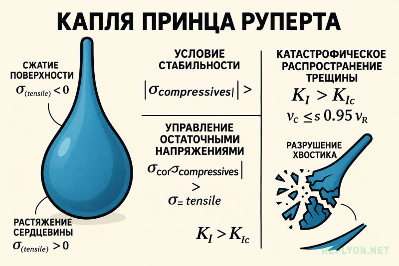 Схема сжатия и растяжения внутри капли принца Руперта